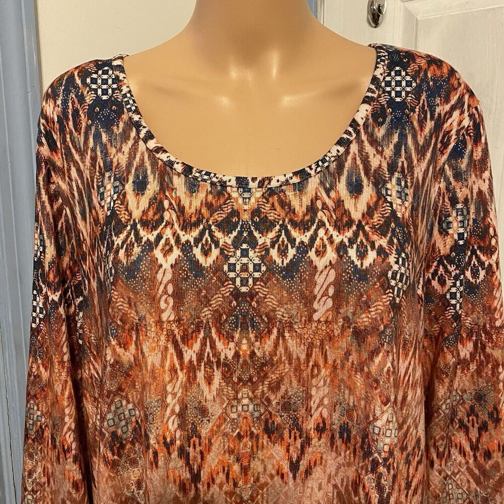 Song N Spirit Top Women Long Sleeve Flowy Tunic Blue Orange Aztec Stretch Sz XXL - Picture 7 of 9